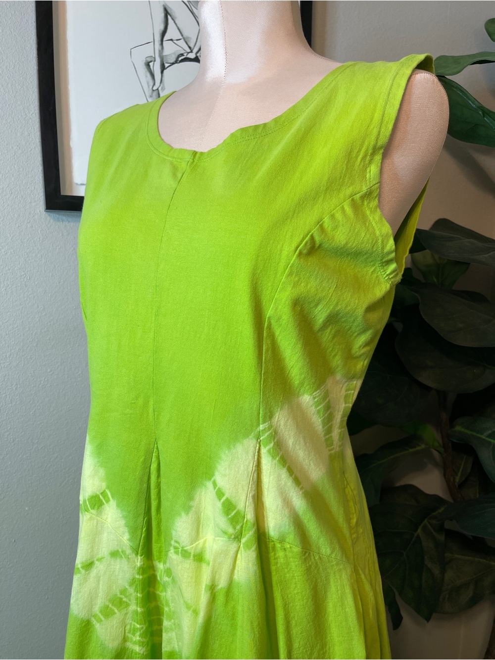 Artsy Boho Lagenlook French Bustle 100% Cotton Midi Dress Lime Green Tie Dye - Picture 7 of 15